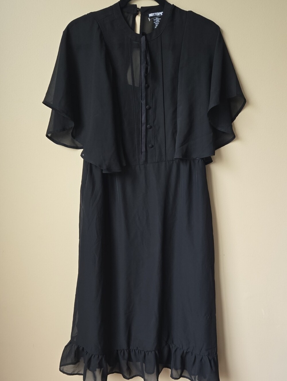 Black Midi Dress with Ruffle Hem and Cape Sleeves